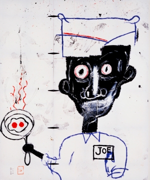 Jean‐Michel Basquiat - Eyes and Eggs, 1983, acrylic, oilstick and paper collage on cotton drop cloth with metal hinges