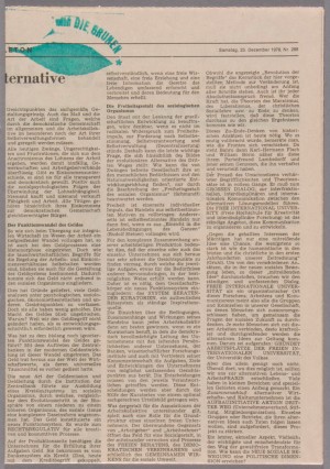 Joseph Beuys - Aufruf zur Alternative, 1980, page of Frankfurt Rundschau newspaper, stamped; bronze object; and branch with beeswax, in cardboard box