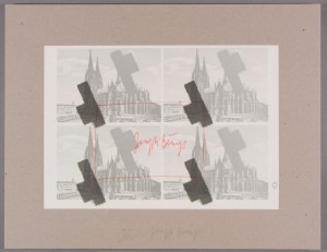 Joseph Beuys - halbiertes Filzkreuz über Köln, 1977, misprintings of postcards. Offset, with handwritten additions, mounted on gray cardboard