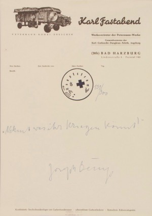 Joseph Beuys - Nehmt was ihr kriegen könnt!, 1972, paper with printed letterhead and handwritten text, stamped