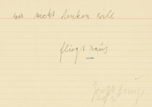 Joseph Beuys - wer nicht denken will, 1977, yellow index card, wth handwritten text, stamped