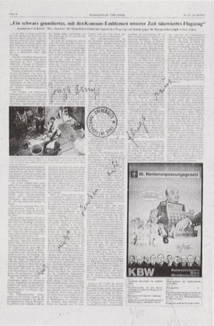 Joseph Beuys - wer nicht denken will fliegt raus, 1977/82, Kommunistische Volkszeitung newspaper, reverse with handwritten text, stamped
