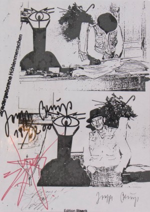 Joseph Beuys - Wiedergeborene Höhlenmenschen, 1983, photocopy, with drawing by Harald Naegeli, in clear plastic sleeve