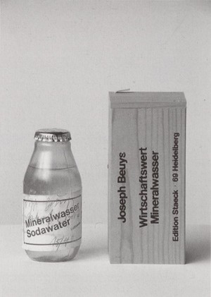 Joseph Beuys - Wirtschaftswert Mineralwasser, 1982, bottle of soda water, with handwritten addition; in wooden box