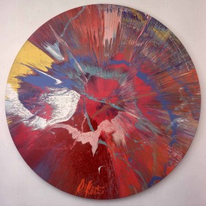 Damien Hirst - Beautiful, cataclysmic pink minty shifting horizon exploding star with ghostly presence, wide, broad painting, 2004, household gloss on canvas and electric motor