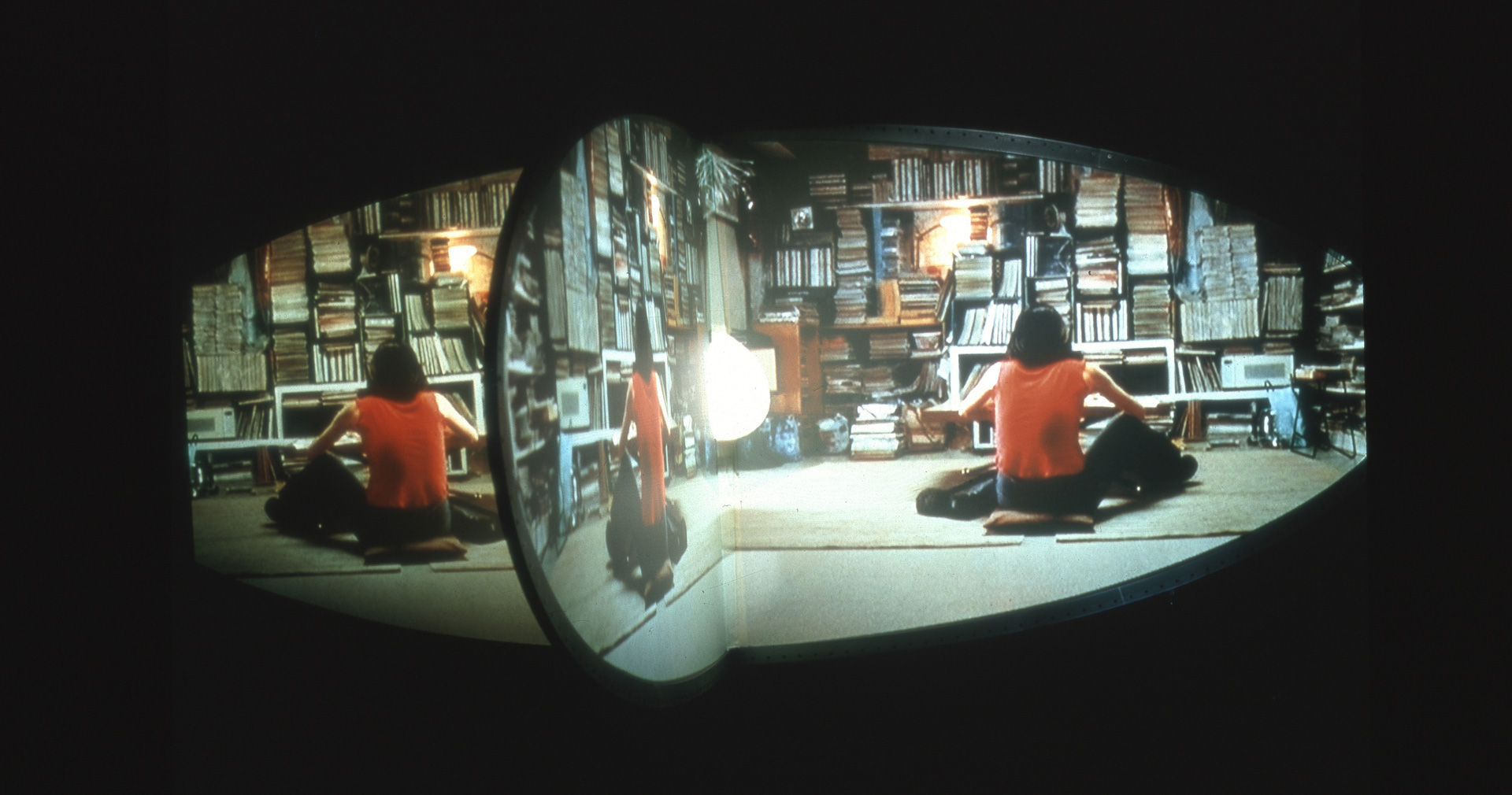 Doug Aitken - new skin, 2002, four-channel, four-projection video installation on an elliptical  "X" screen (aluminum, PVC)