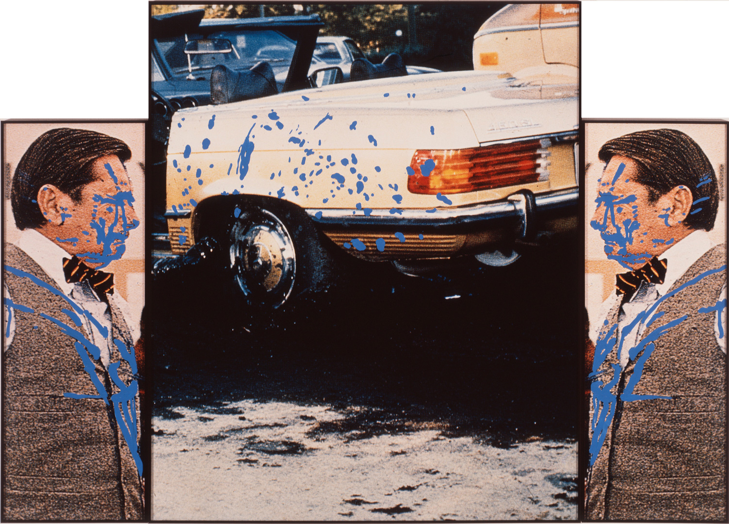 John Baldessari - Car Flanked by Doubleman (Splashed Blue), 1990, three color photographs with vinyl paint and acrylic paint