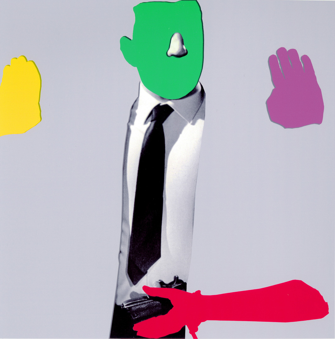 John Baldessari - Noses & Ears, Etc. (Part Two): (Green) Face with Nose, (Yellow and Violet) Hands, (Red) Arm and Pistol (with Tie), 2006, three dimensional archival digital photographic prints, with acrylic paint