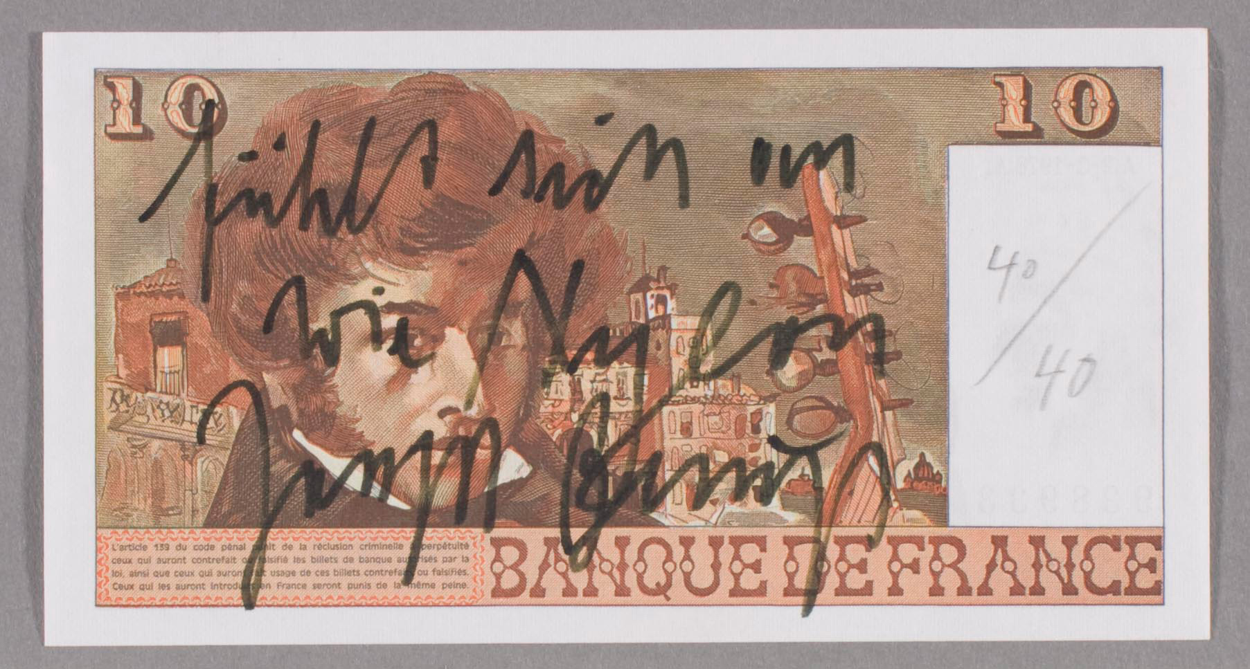 Joseph Beuys - Nylon-Geld, 1979, banknote with handwritten text