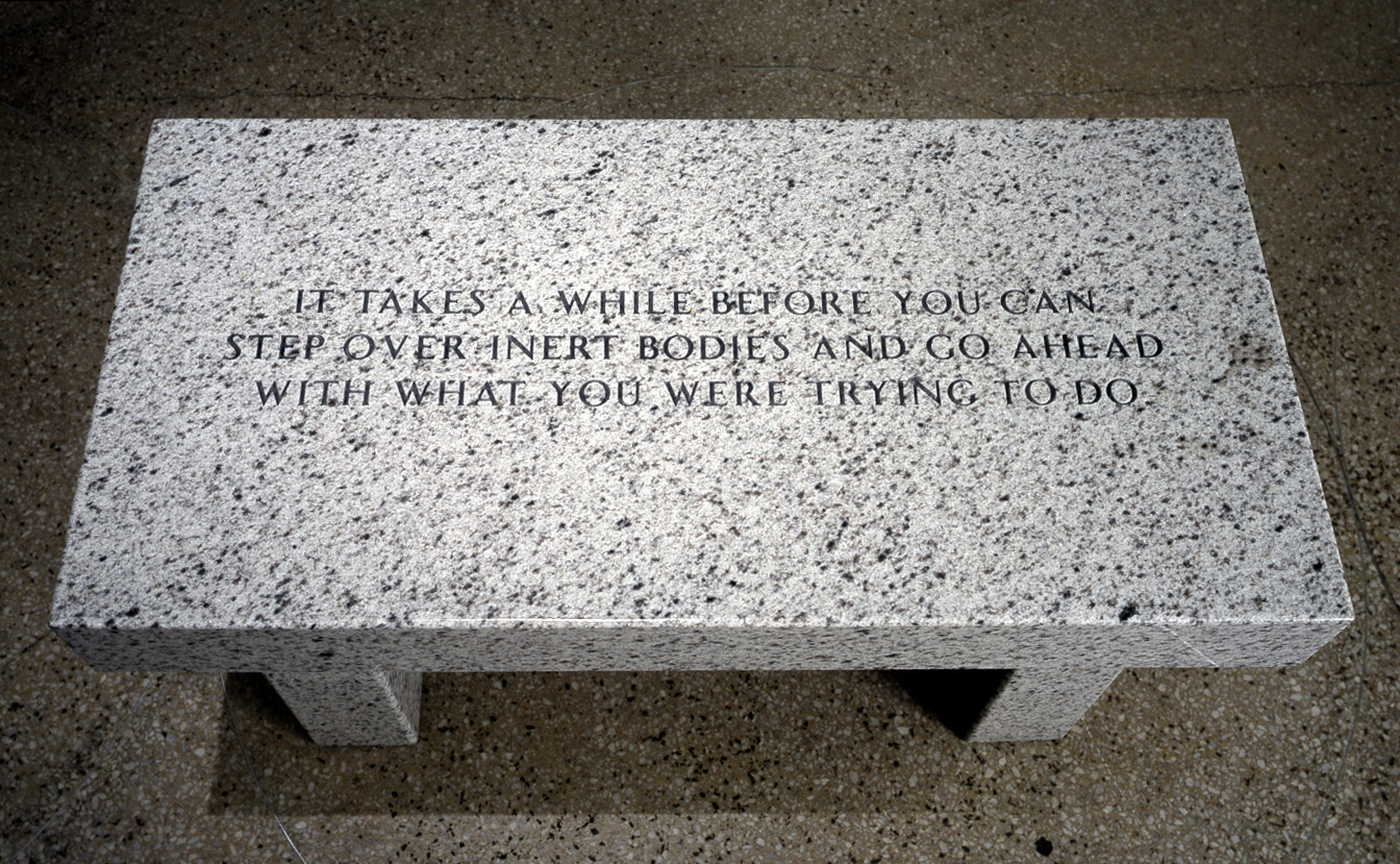 Jenny Holzer - The Living Series: It takes a while before you, 1989, Bethal white granite bench