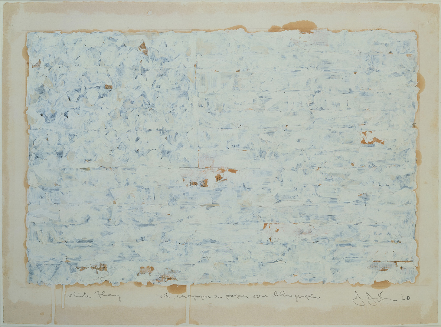 Jasper Johns - White Flag, 1960, oil and newspaper collage over lithograph
