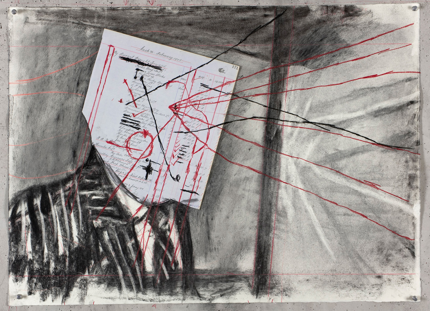 William Kentridge - Drawing for 'Other Faces', 2011, charcoal, colored pencil and found ledger paper on paper