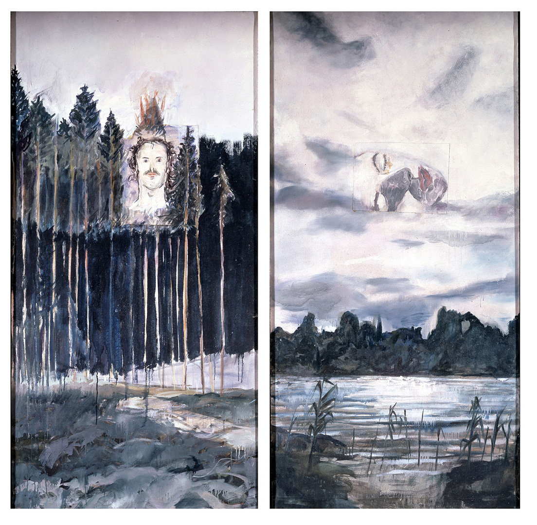 Anselm Kiefer - Kopf im Wald, Kopf in den Wolken, 1971, oil and fabric collage on two canvas panels