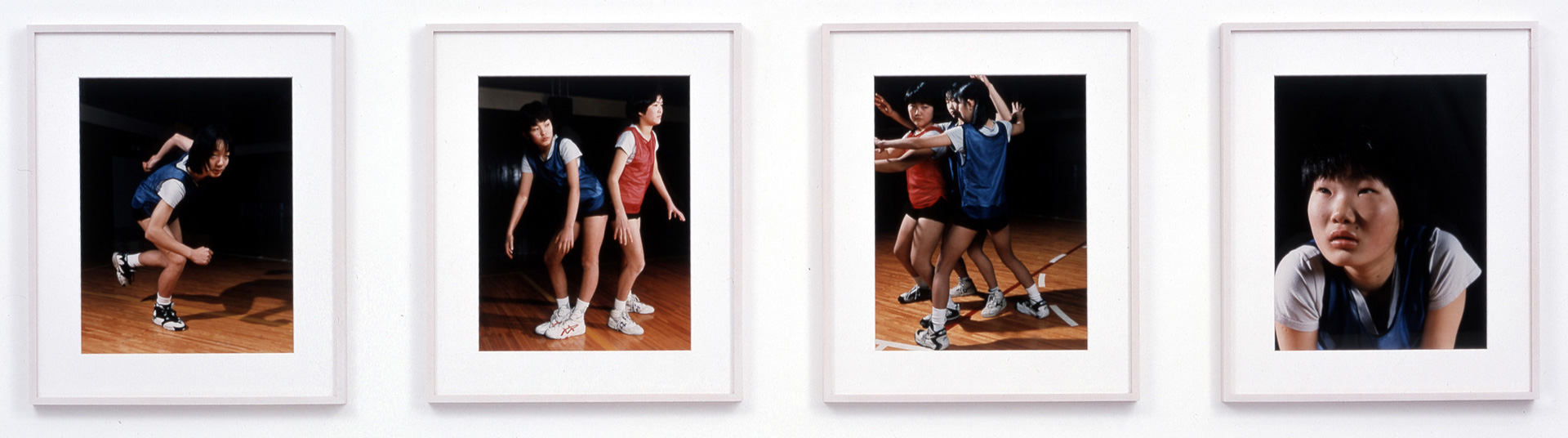 Sharon Lockhart - Goshogaoka Girls Basketball Team: Group III: (a) Chihiro Nishijima; (b) Sayaka Miyamoto & Takako Yamada; (c) Kumiko Shirai & Eri Hashimoto; (d) Kumiko Kotaka, 1997, four framed chromogenic prints