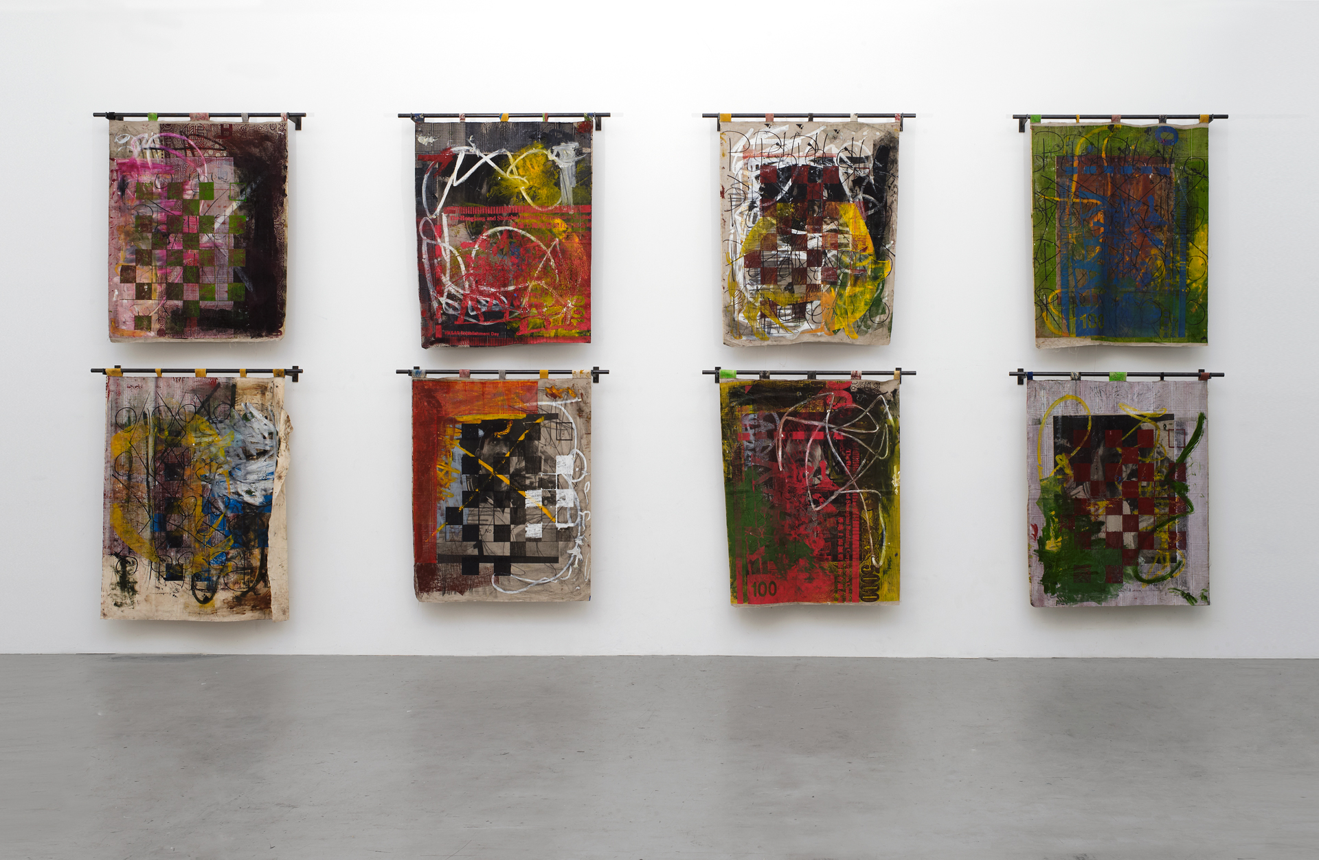 Oscar Murillo - trade today, 2014-2015, oil and graphite on canvas and linen with steel