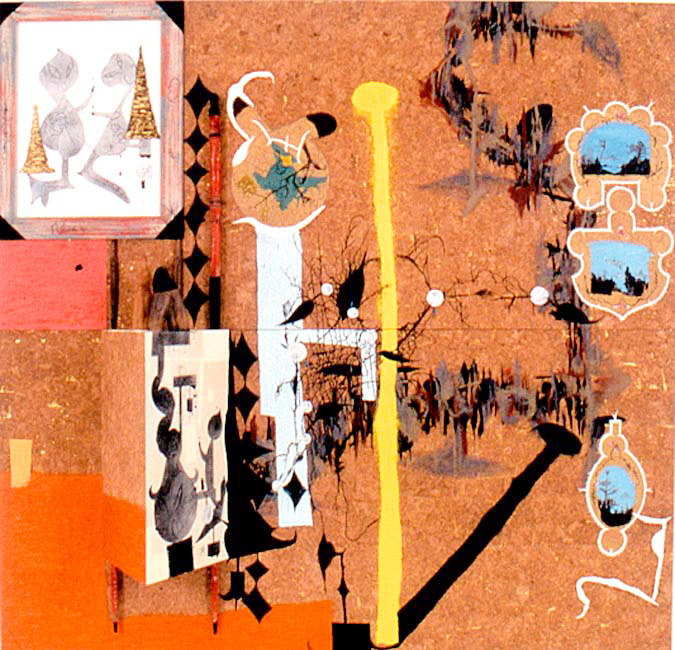 Lari Pittman - Birthplace, 1984, oil, acrylic, and objects on paper mounted on wood panel