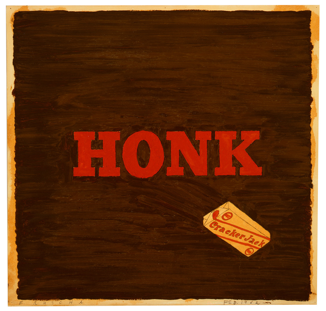 Ed Ruscha - Honk (Cracker Jack), 1962, oil, black ink, and pencil on paper mounted on board