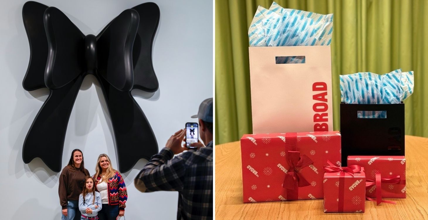 Two photo collage: one is a group of people posing and taking a photo under Robert Therrien's oversized black bow sculpture; the other photo is a few gifts wrapping in The Broad's red wrapping paper and bags with tissue paper in it