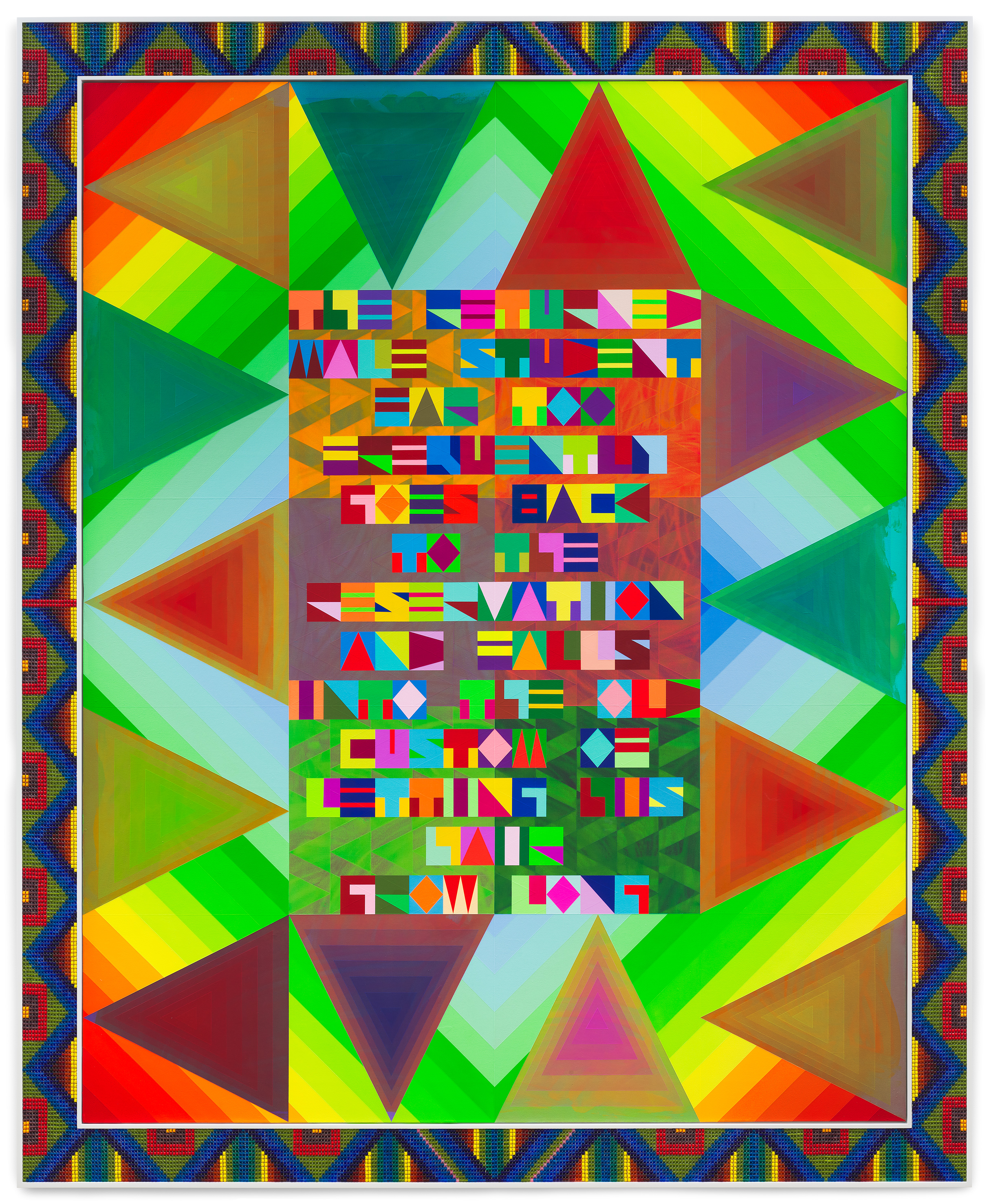Artwork photograph featuring a multicolored geometric painting by Jeffrey Gibson