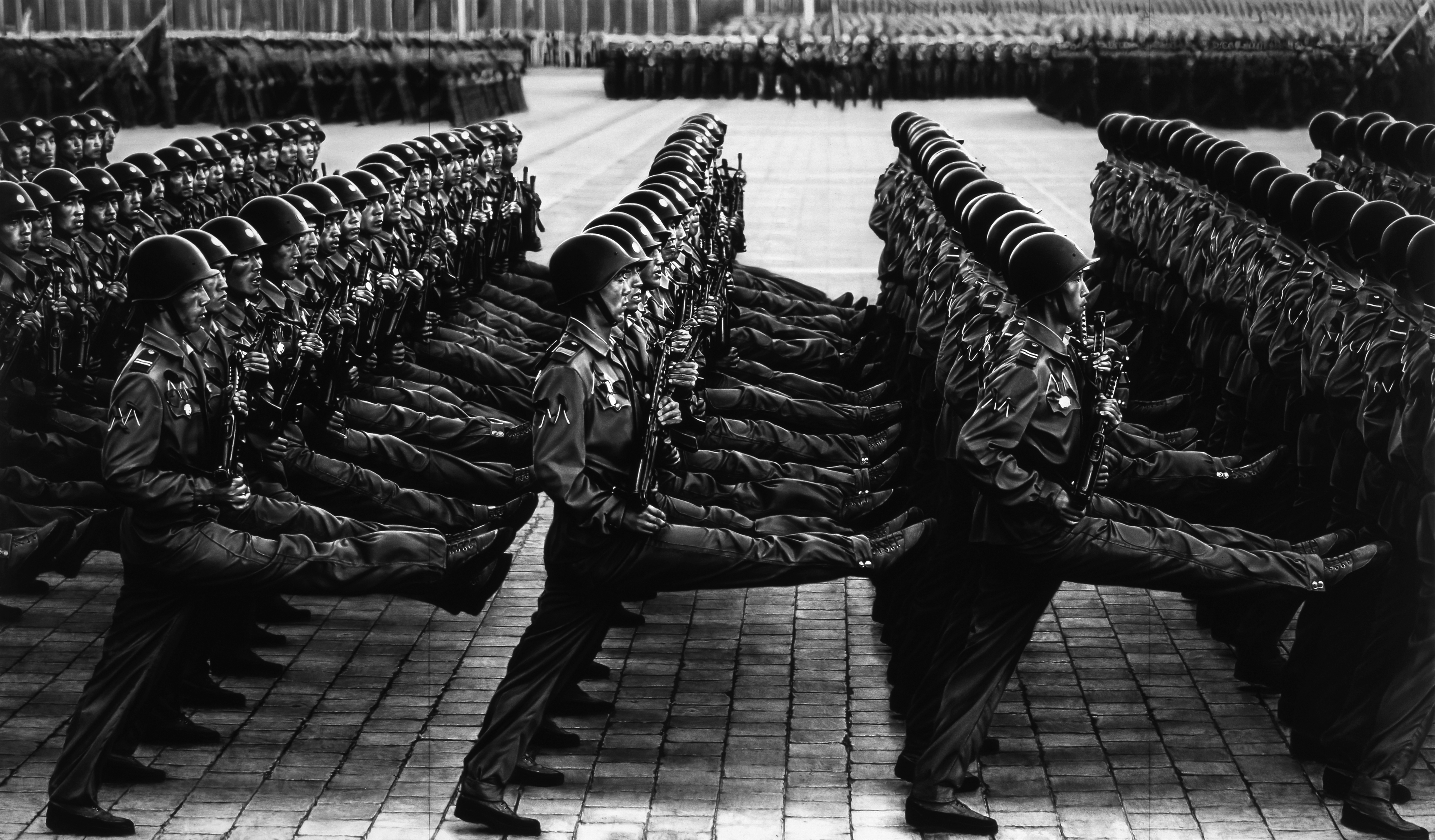 Robert Longo - Untitled (Marching Soldiers; (Party Foundation Day) Pyongyang, North Korea; October 10, 2015), 2019, charcoal on mounted paper