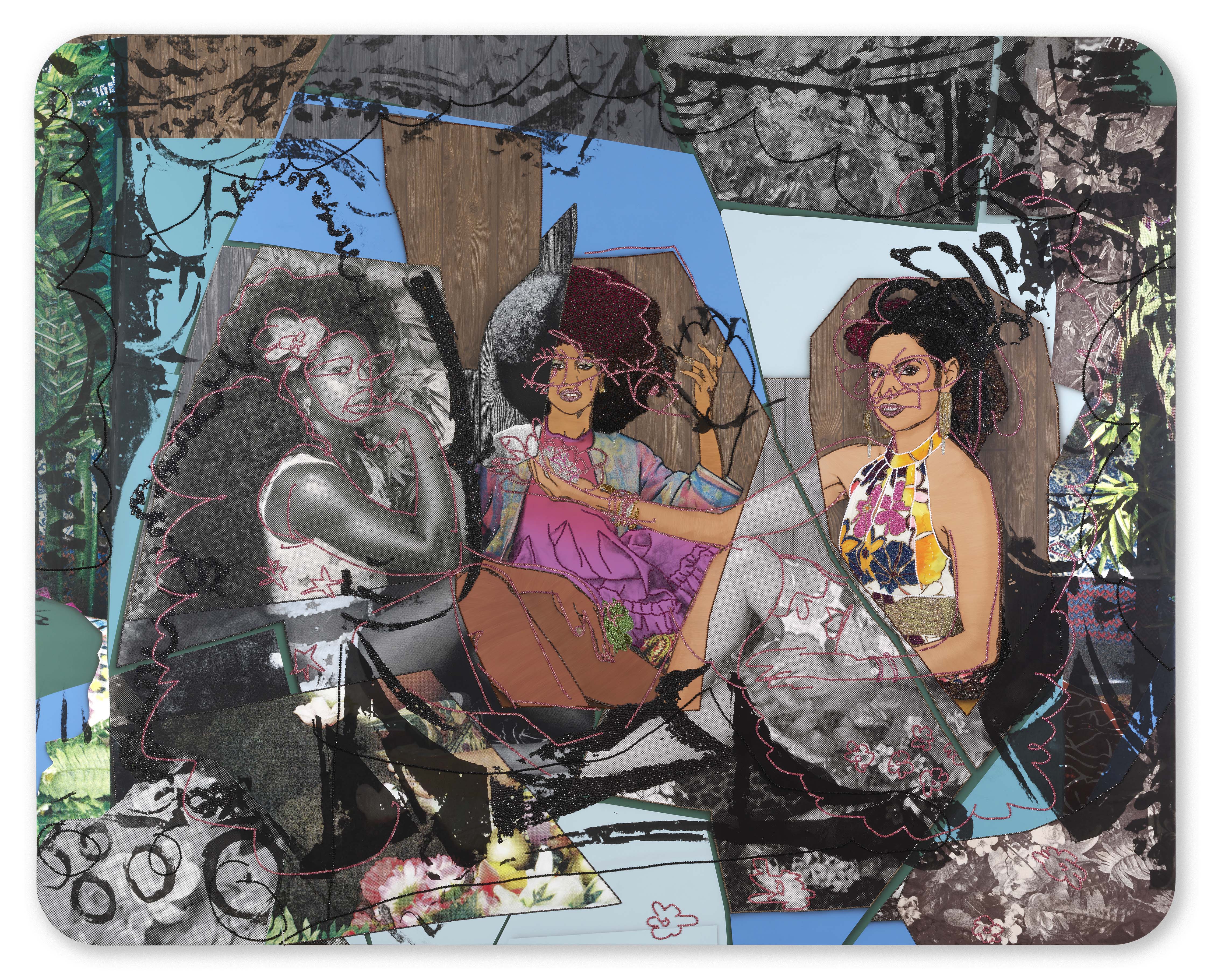 Mickalene Thomas - Le Déjeuner sur l'herbe les Trois Femmes Noires d'aprés Picasso, 2022, rhinestones and acrylic paint on canvas mounted on wood panel