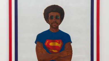 Photo of artist Barkley L. Hendricks's painting, Icon for My Man Superman (Superman Never Saved any Black People - Bobby Seale), 1969