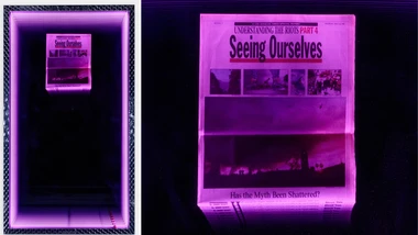 One full image of Guadalupe Rosales's artwork "has the myth been shattered" and a cropped in image of the Los Angeles Times article within the artwork.