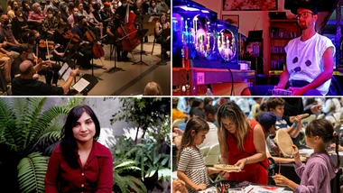 A four-panel collage showing a range of arts programming: a live orchestra performing for an audience, a person interacting with a glowing neon-lit installation, a portrait of a woman seated among greenery, and families participating in a hands-on art workshop.