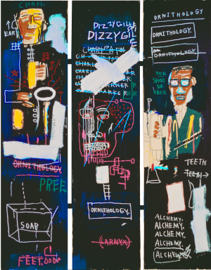 Jean‐Michel Basquiat - Horn Players, 1983, acrylic and oilstick on three canvas panels mounted on wood supports