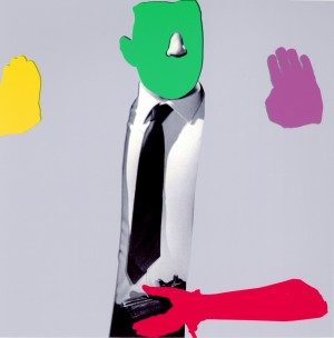 John Baldessari - Noses &amp; Ears, Etc. (Part Two): (Green) Face with Nose, (Yellow and Violet) Hands, (Red) Arm and Pistol (with Tie), 2006