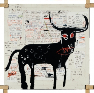 Jean‐Michel Basquiat - Beef Ribs Longhorn, 1982, acrylic, oilstick, and paper collage on canvas mounted on tied wood supports