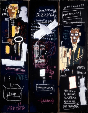 Jean‐Michel Basquiat - Horn Players, 1983, acrylic and oilstick on three canvas panels mounted on wood supports