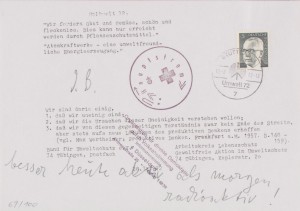 Joseph Beuys - besser heute aktiv, 1972, flyer, with handwritten text, stamped