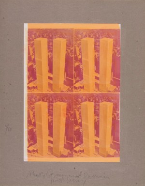 Joseph Beuys - Cosmos und Damian gebohnert, 1975, proof sheet of postcard, mounted on gray cardboard; shoe polish