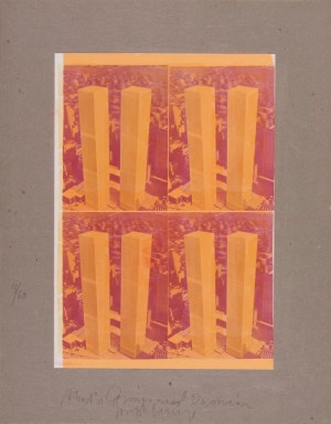 Joseph Beuys - Cosmos und Damian gebohnert (Cosmos and Damian Polished), 1975, proof sheet of postcard, mounted on gray cardboard; shoe polish