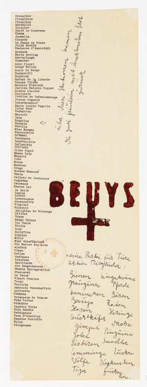 Joseph Beuys - eine Partei für Tiere, 1969, offset and handwritten text on paper, stamped with oil paint (Browncross) and round stamp