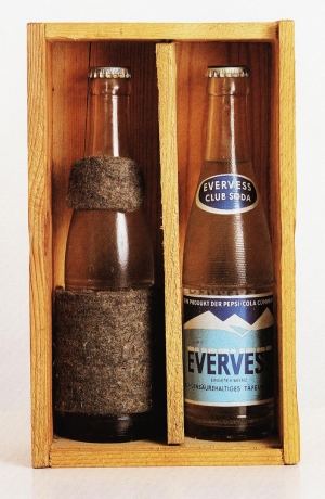 Joseph Beuys - Evervess II 1, 1968, two soda-water bottles, one with felt; in wooden box with text printed on lid