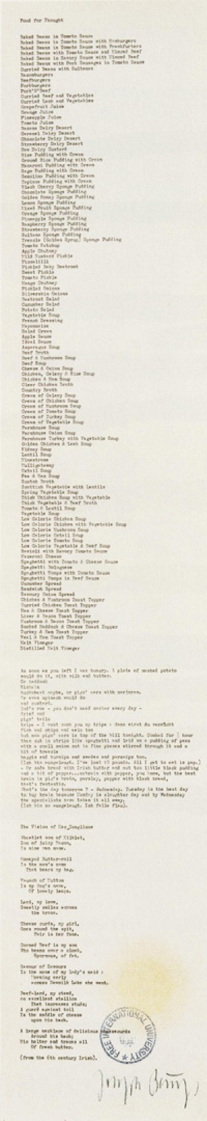 Joseph Beuys - Food for Thought, 1977, offset on gray machine-made wove, stamped, with grease spot