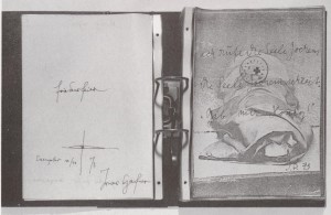 Joseph Beuys - Friedensfeier, 1973, looseleaf binder with photocopies in clear plastic slipcovers, page 3 with handwritten text by Beuys, stamped