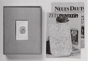 Joseph Beuys - Guten Einkauf, 1984, two peridodicals (ZEIT-magazin, Neues Deutschland), paper bag, and package of cleanser, stamped; in box