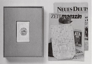 Joseph Beuys - Guten Einkauf (Good Shopping), 1984, two peridodicals (ZEIT-magazin, Neues Deutschland), paper bag, and package of cleanser, stamped; in box