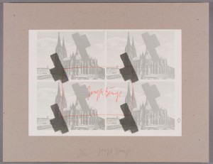 Joseph Beuys - halbiertes Filzkreuz über Köln (Halved Felt Cross over Cologne), 1977, misprintings of postcards. Offset, with handwritten additions, mounted on gray cardboard