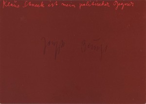 Joseph Beuys - Klaus Staeck ist mein politischer Gegner, 1973, offset on cardstock, stamps reproduced
