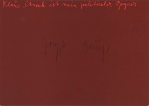 Joseph Beuys - Klaus Staeck ist mein politischer Gegner (Klaus Staeck Is My Political Opponent), 1973, offset on cardstock, stamps reproduced