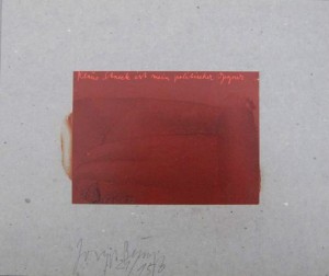 Joseph Beuys - Klaus Staeck gebohnert, 1974, postcard mounted on gray cardboard; shoe polish