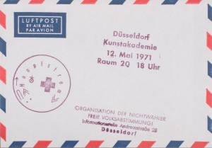Joseph Beuys - Luftpost (Airmail), 1971, airmail envelope with page from a chemistry textbook; with several stamps