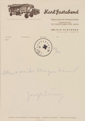 Joseph Beuys - Nehmt was ihr kriegen könnt! (“Take What You Can Get!”), 1972, paper with printed letterhead and handwritten text, stamped