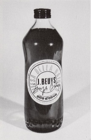Joseph Beuys - Ölflasche (Oil Bottle), 1984, two bottles of olive oil, one with printed white label and one with printed gold label