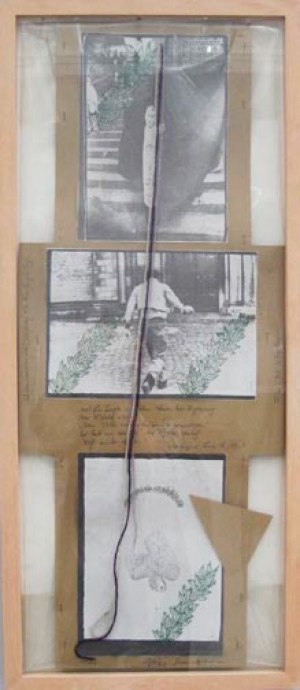 Joseph Beuys - Plakat-Kreuz Friedensfeier (Poster-Cross Peace Celebration), 1972, photocopies mounted on cardboard with handwritten text by Jonas Hafner, stamped; in plastic sheet with colored yarn