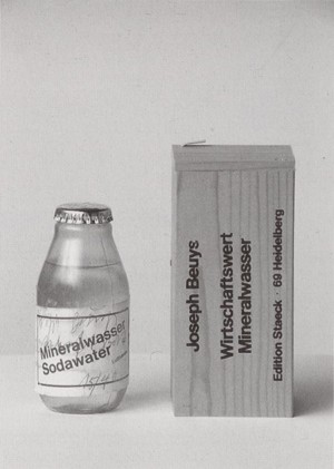 Joseph Beuys - Wirtschaftswert Mineralwasser (Economic Value Mineral Water), 1982, bottle of soda water, stamped, with handwritten addition; in wooden box